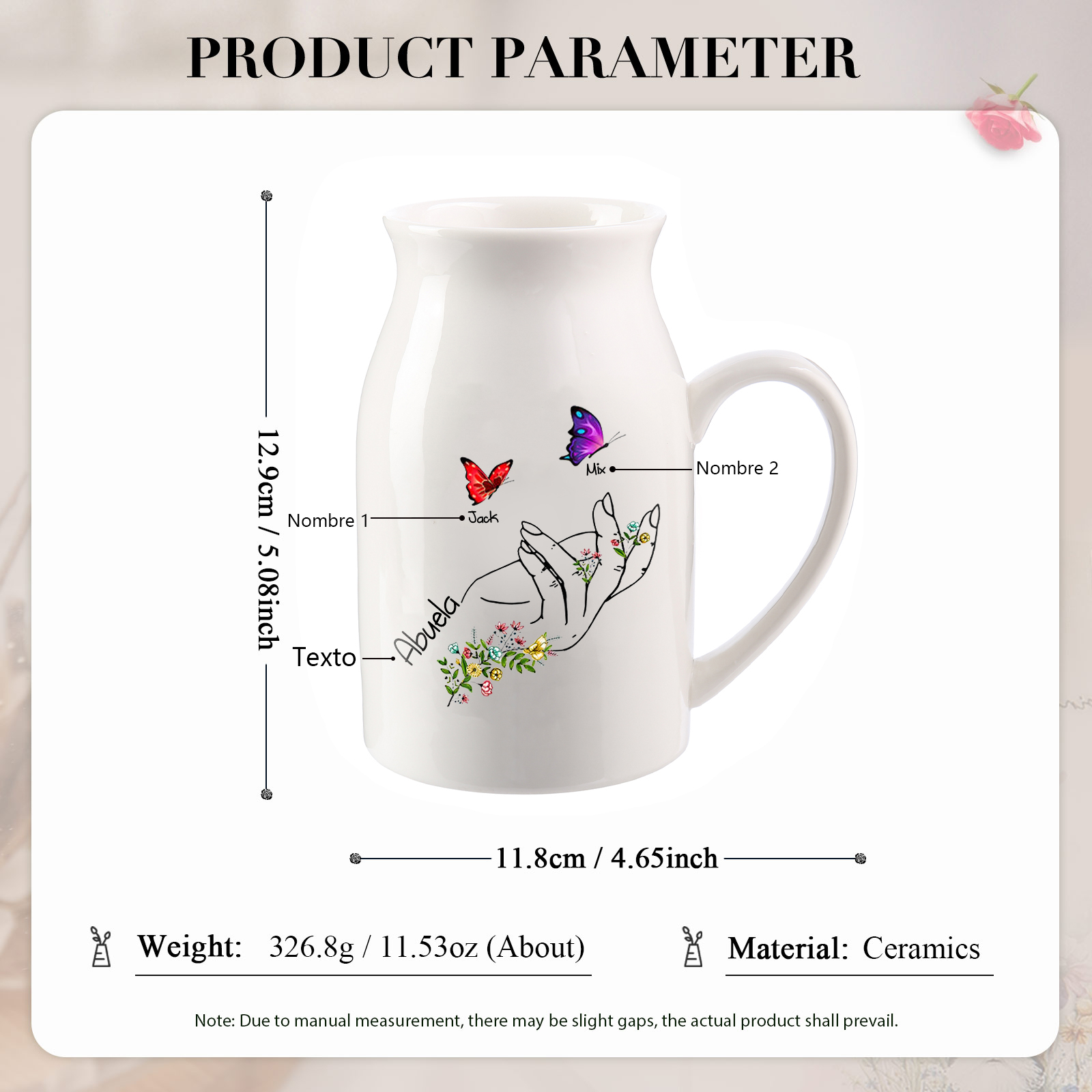 Florero de cerámica mano y mariposas 2-8 nombres personalizados con texto decoración del hogar-Jessemade ES