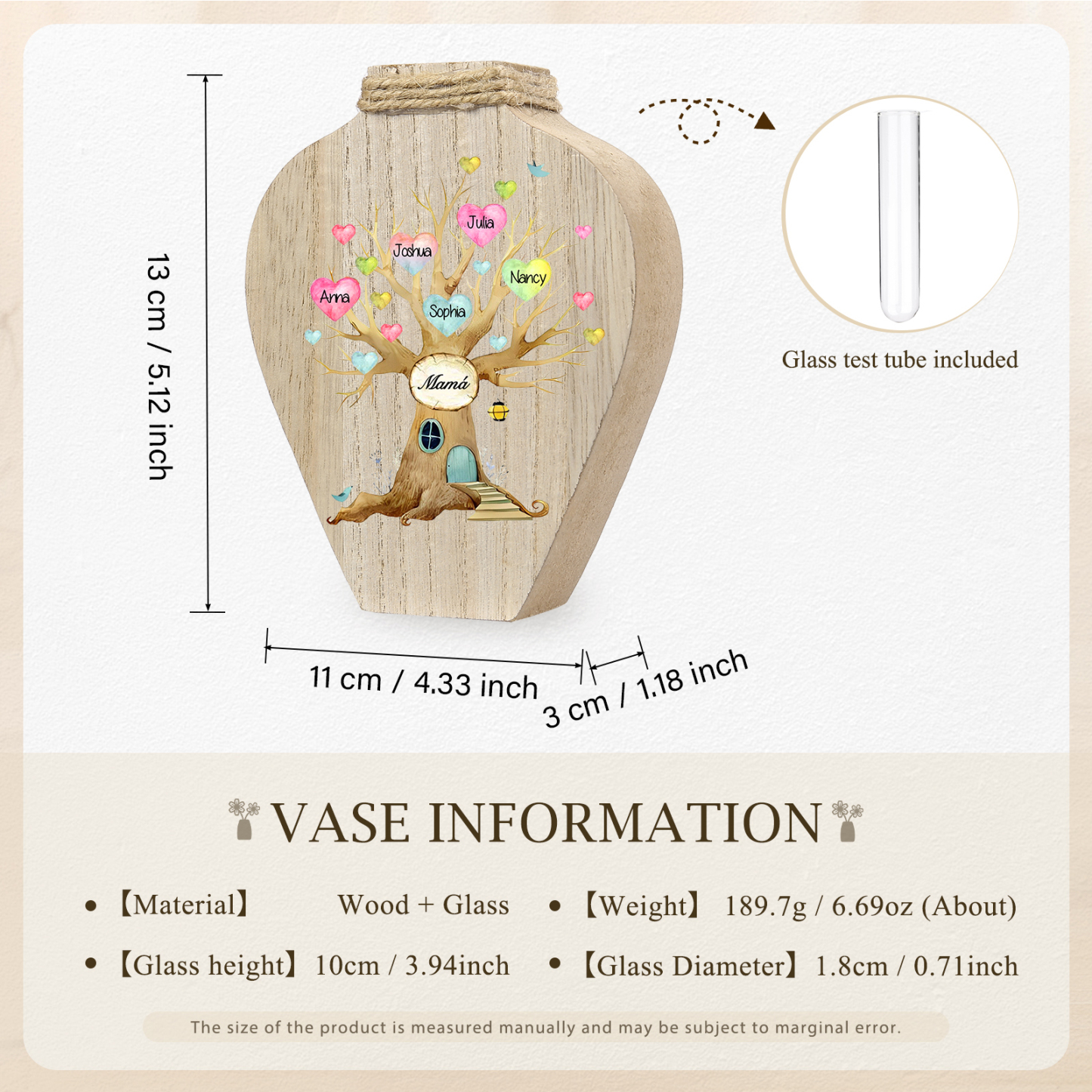 Florero de madera árbol de corazones 5 nombres personalizados con texto decoración del hogar-Jessemade ES