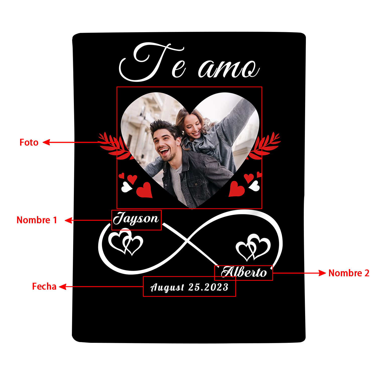 Pareja-Manta de buen calidad de nudo infinito y foto personalizada con nombres y fecha-Jessemade ES