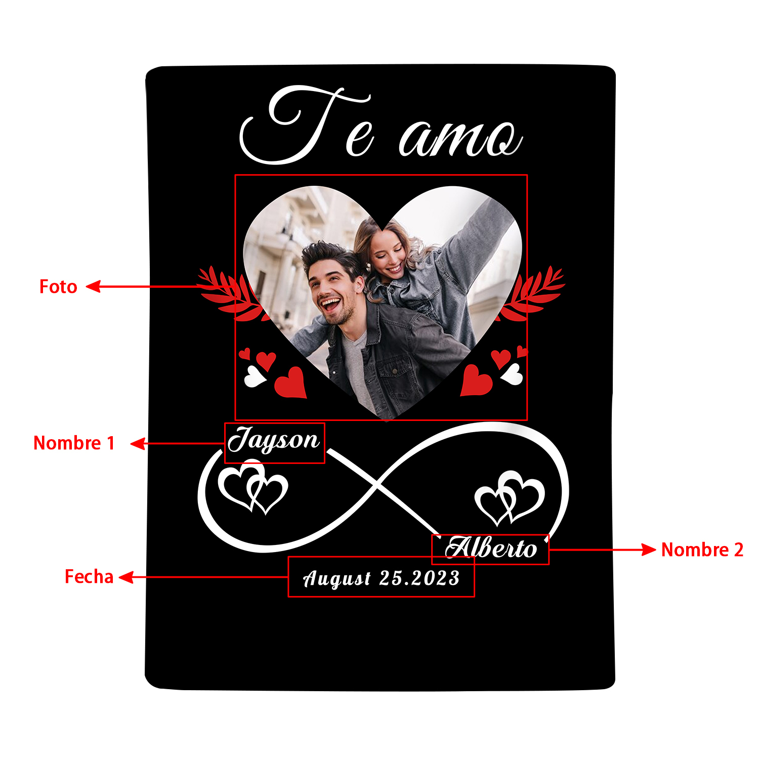 Pareja-Manta de buen calidad de nudo infinito y foto personalizada con nombres y fecha-Jessemade ES