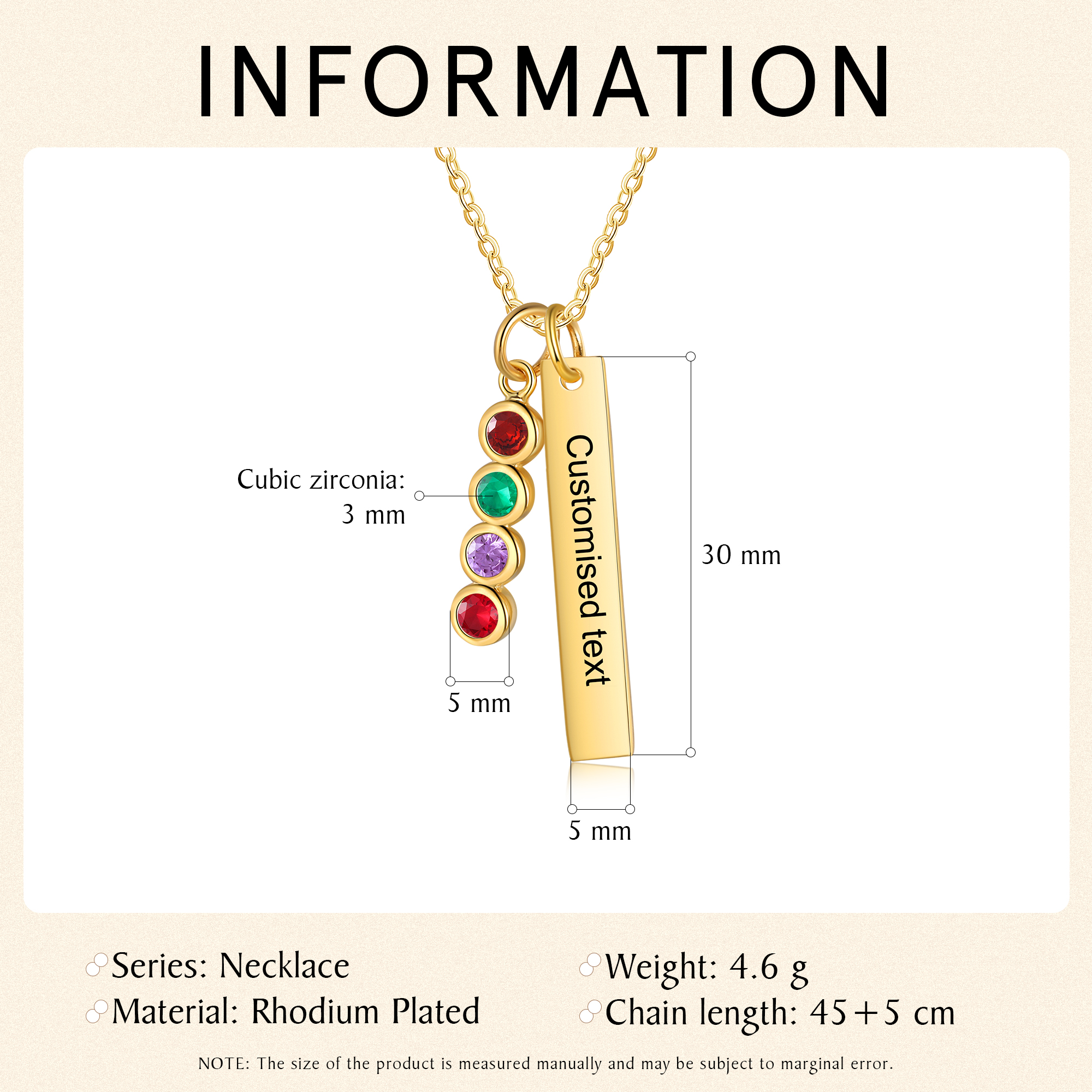 Collar con colgante de placa con 1-6 piedras de nacimiento personalizadas con texto-Jessemade ES