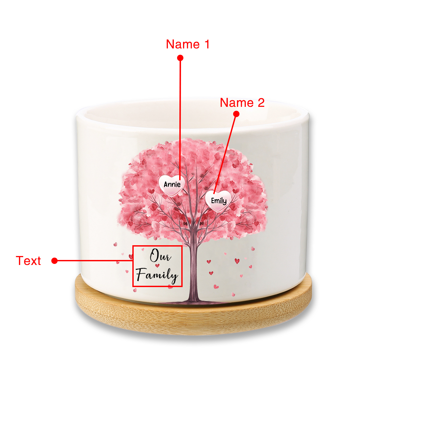 Florero con base de cerámica árbol de corazones 2-8 nombres personalizados con texto decoración del hogar-Jessemade ES