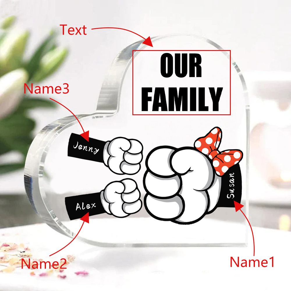 A mi mamá/abuela-Placa de acrílico "Puños" en forma de corazón 3 nombres y 1 texto personalizados-Jessemade ES