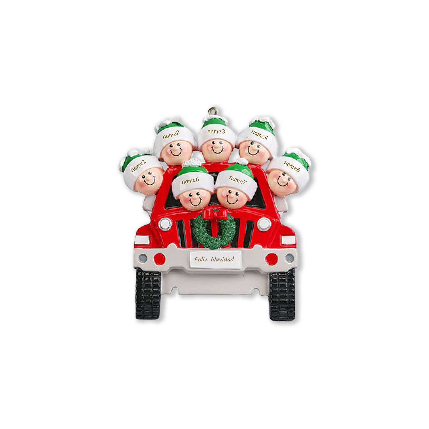 Navidad-Ornamentos con Muñecos Navideños en Coche 7 Nombres con Texto 