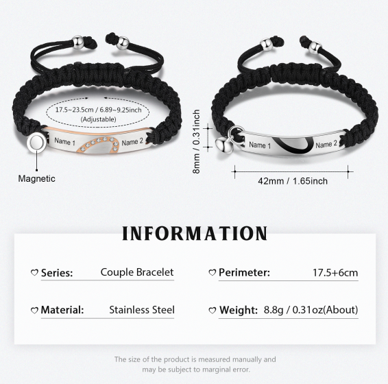 Pulsera de dos piezas de cuerda 2 Nombres personalizados para pareja con dije magnético-Jessemade ES