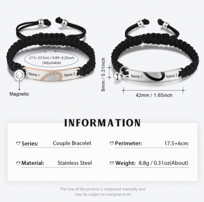 Pulsera de dos piezas de cuerda 2 Nombres personalizados para pareja con dije magnético-Jessemade ES