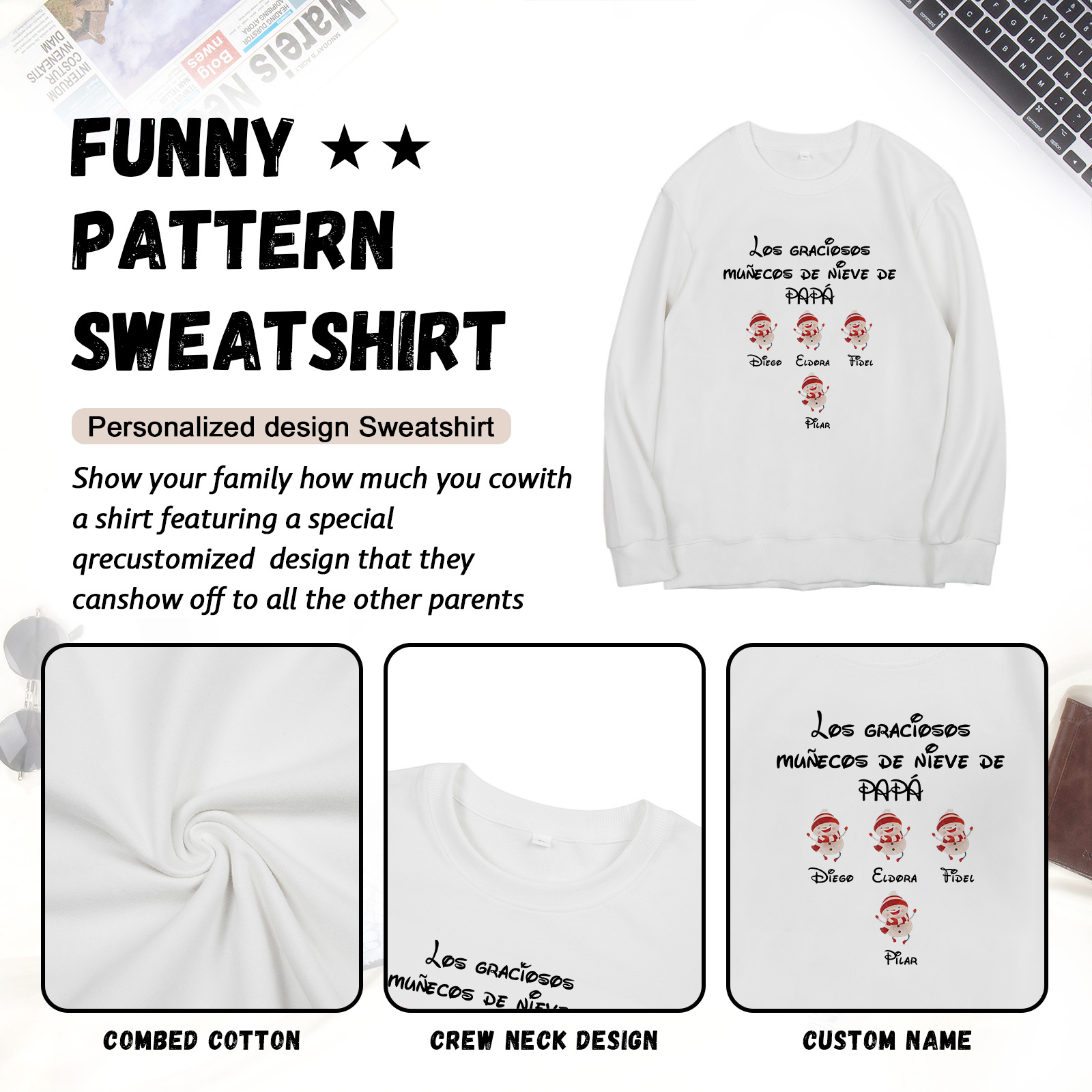 Familia-Sudadera "Muñecos de nieve" 5 nombres personalizados-Jessemade ES