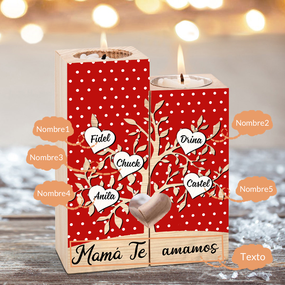 A la familia-Candelero de árbol de la vida de madera personalizado con 3-8 nombres y 1 texto sin vela-Jessemade ES