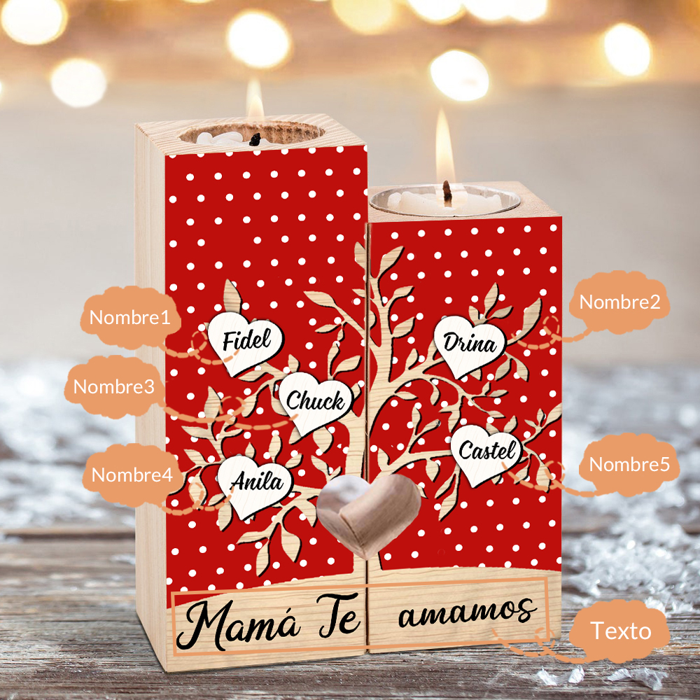 A la familia-Candelero de árbol de la vida de madera personalizado con 3-8 nombres y 1 texto sin vela-Jessemade ES