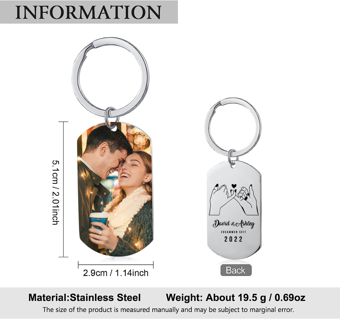 Llavero dedos cogidos personalizado con 2 nombres, texto, año y 1 foto para pareja-Jessemade ES