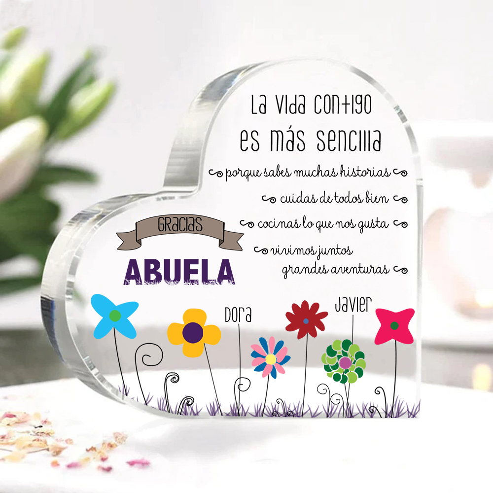 Abuela - Placa de acrílico en forma de corazón flores 1-5 nombres personalizados-Jessemade ES
