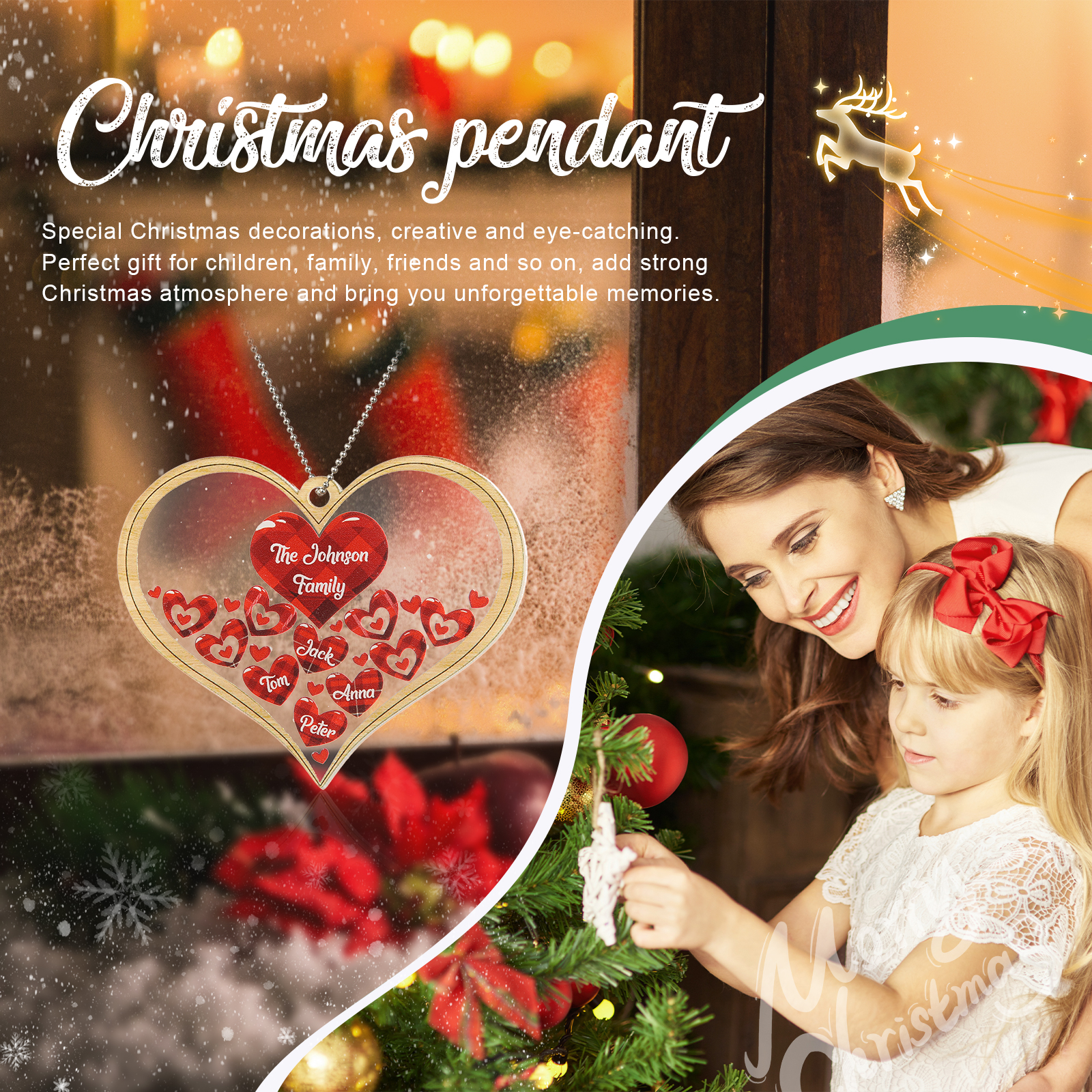 Navidad-Ornamento navideño de acrílico corazones con 4 nombres y 1 texto personalizados