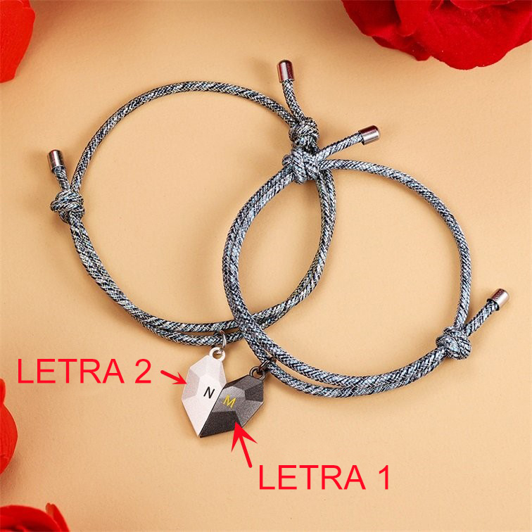 Pulseras de cuerda personalizadas con 2 letras para pareja con dije de corazón magnético | Jessemade