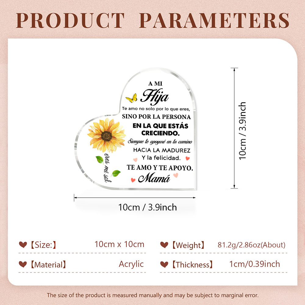 A mi hija-Placa de acrílico en forma de corazón de girasol con 1 nombre personalizado-Jessemade ES