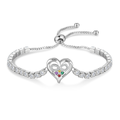 Pulsera de tenis personalizada con corazón infinito, 2-4 Nombres y piedras de nacimiento personalizables, ajustable con circonitas cúbicas