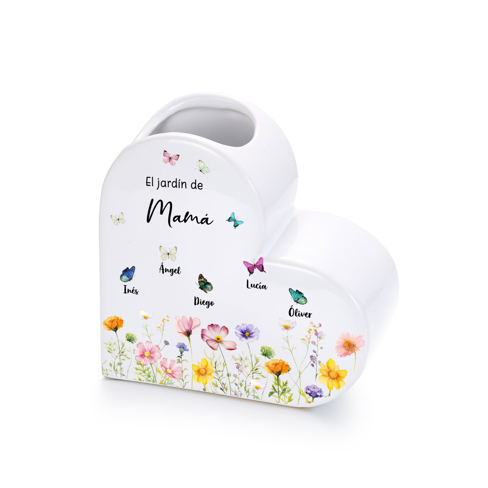 Jarrón de cerámica en forma de corazón personalizado con 1 a 10 nombres y mariposas para mamá o abuela