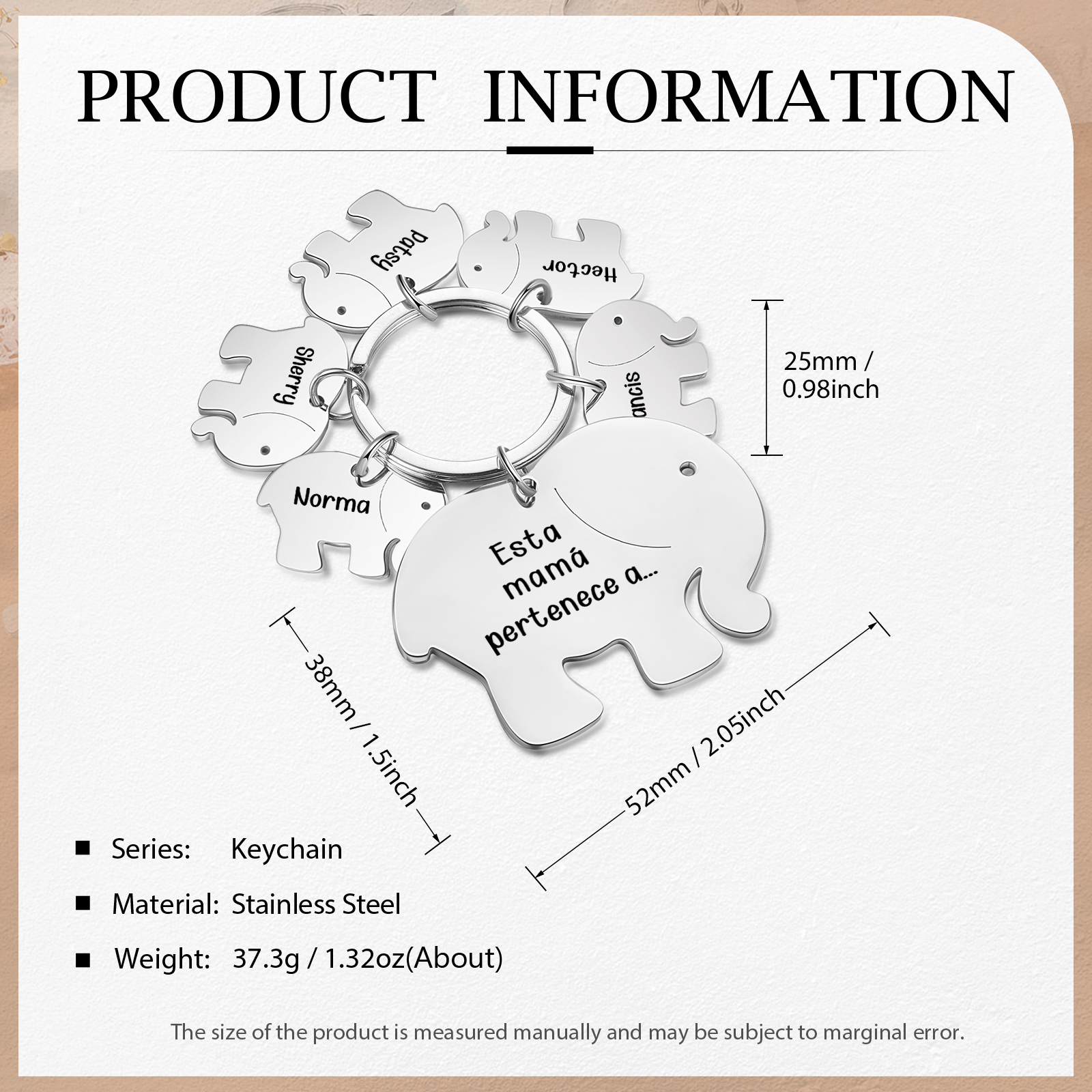 A mi mamá/abuela - Llavero con 5 nombres personalizados en elefantes con texto-Jessemade ES