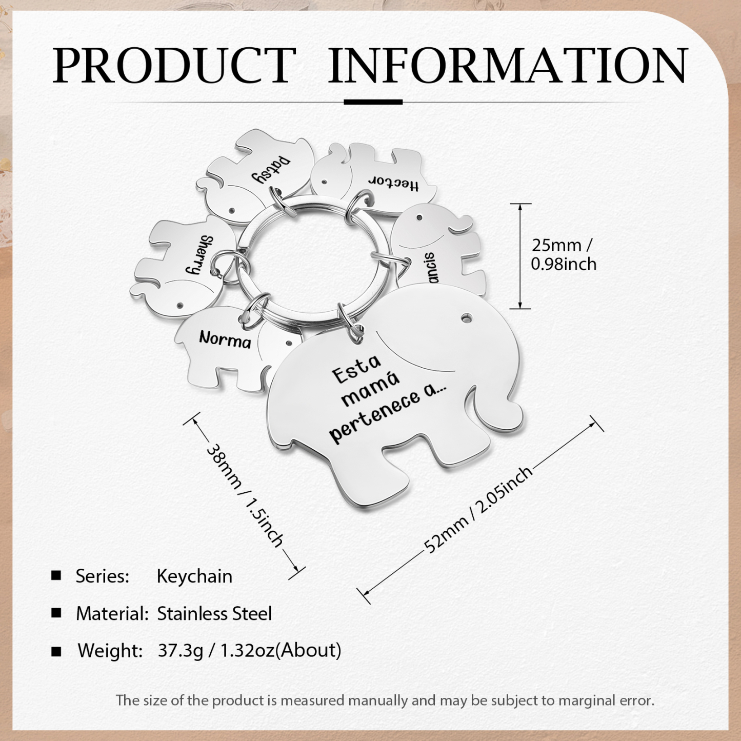 A mi mamá/abuela - Llavero con 5 nombres personalizados en elefantes con texto-Jessemade ES