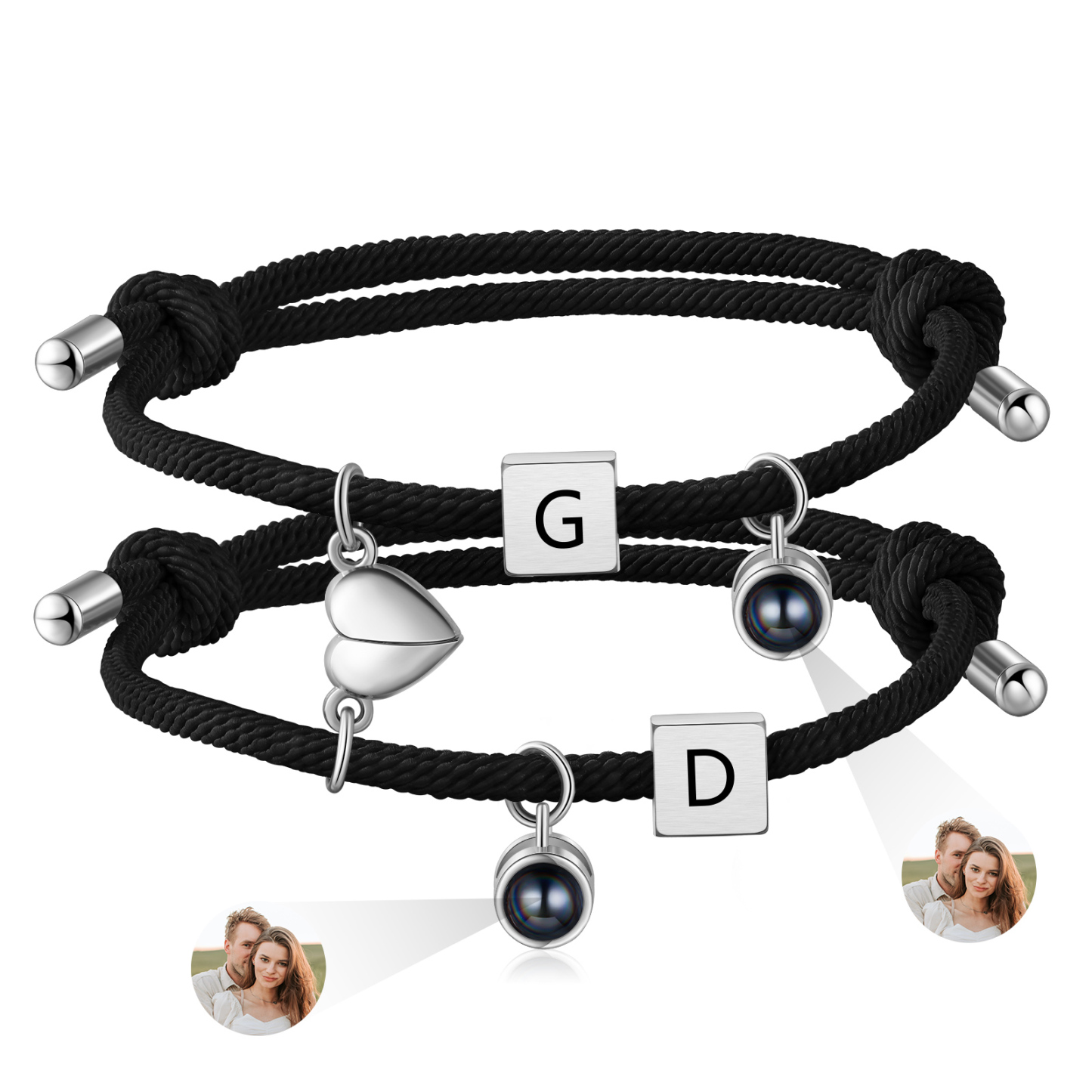 Pulsera de cuerda para pareja personalizada con 2 letras con proyección de foto y dije de corazón magnético-Jessemade ES
