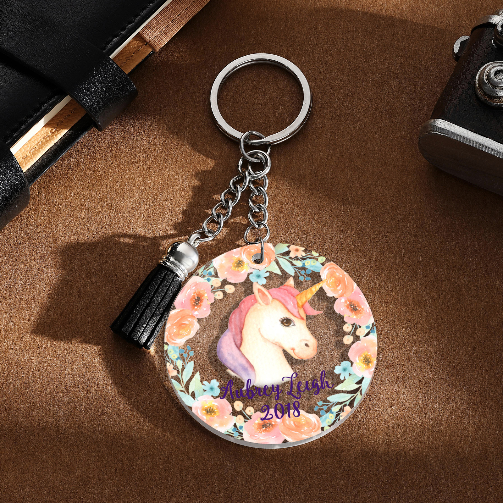 Llavero redondo de acrílico con animales para niñit@s personalizado con 1 nombre y año-Jessemade ES