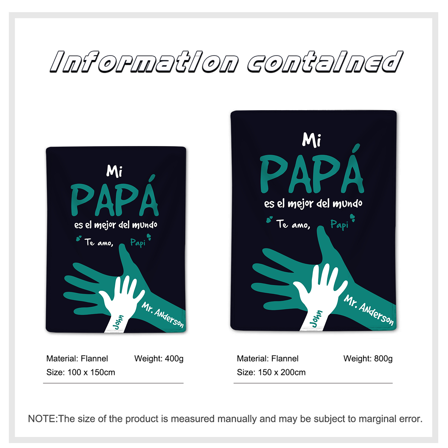 A mi padre-Manta de buen calidad de mano y manito personalizada con 2 nombres-Jessemade ES