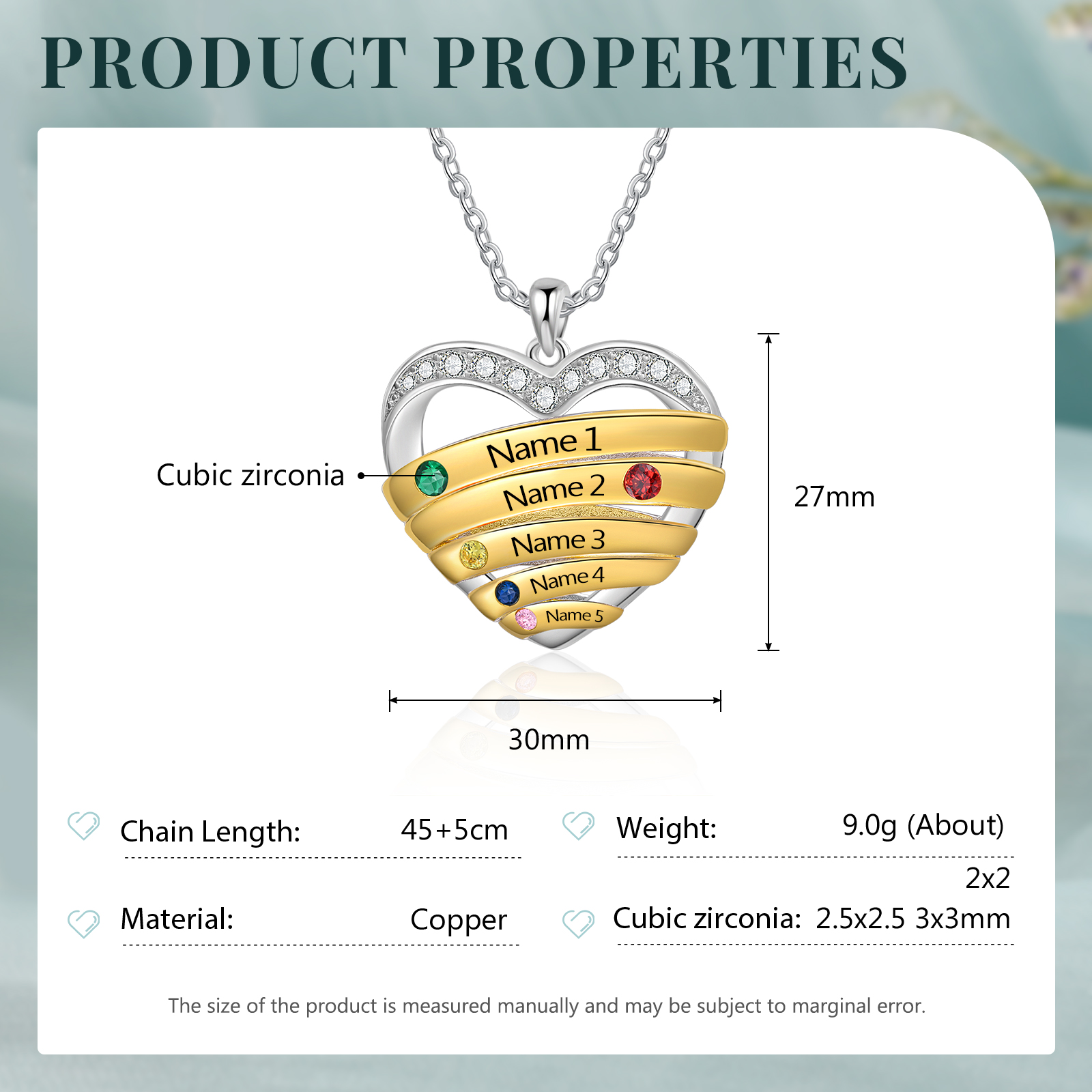 Collar de corazón con 5 nombres y piedras de nacimiento personalizados-Jessemade ES