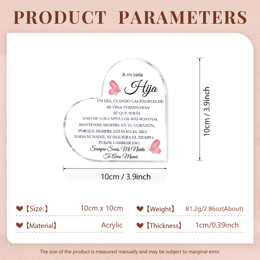 A mi hija-Placa de acrílico en forma de corazón con 1 texto personalizado-Jessemade ES