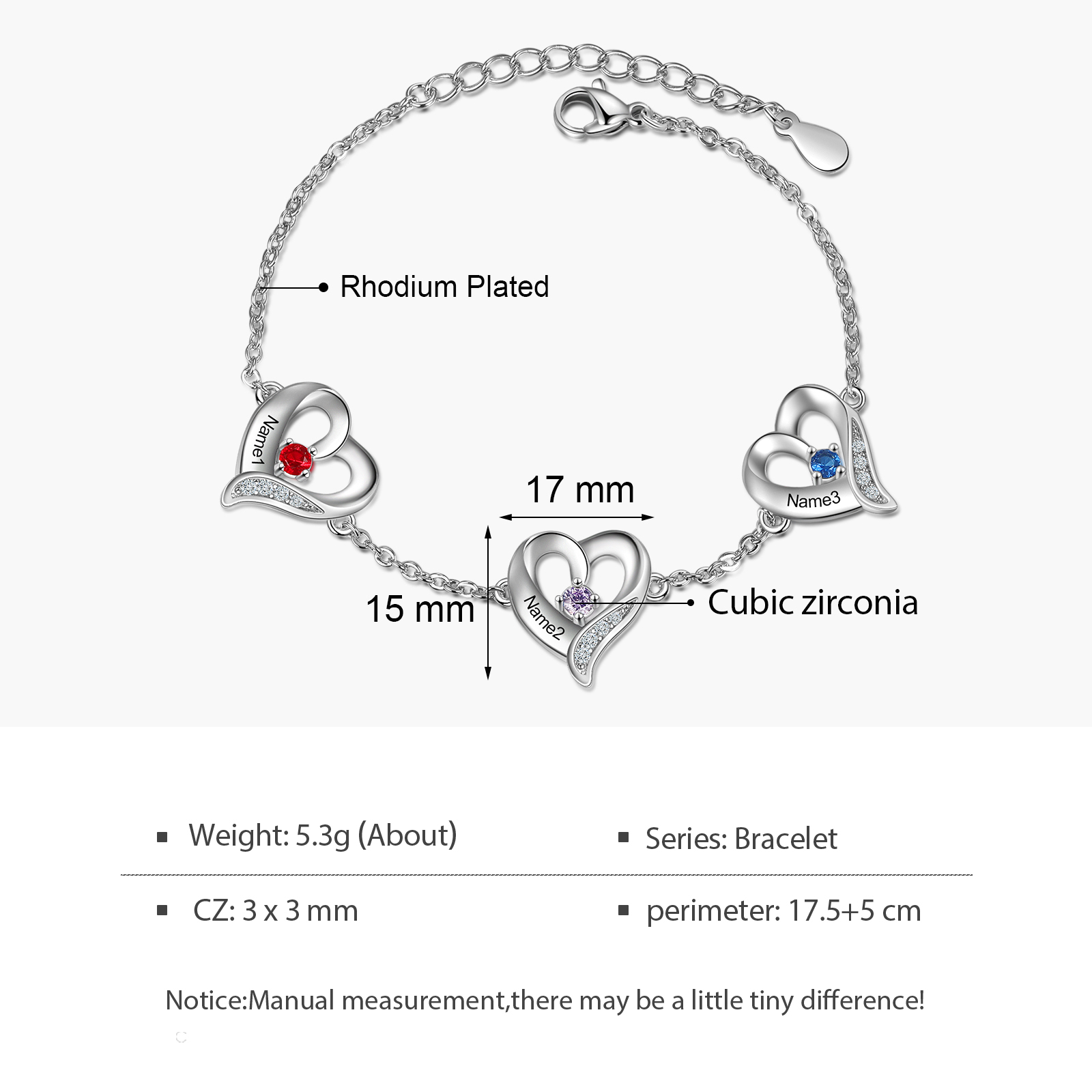 Pulsera de Corazones 3 Nombres Personalizados con 3 Piedras de Nacimiento-Jessemade ES