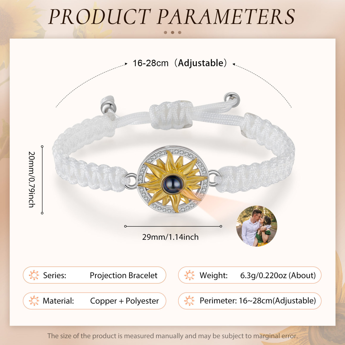 Pulsera con proyección de foto con dije de girasol cuerda blanca-Jessemade ES