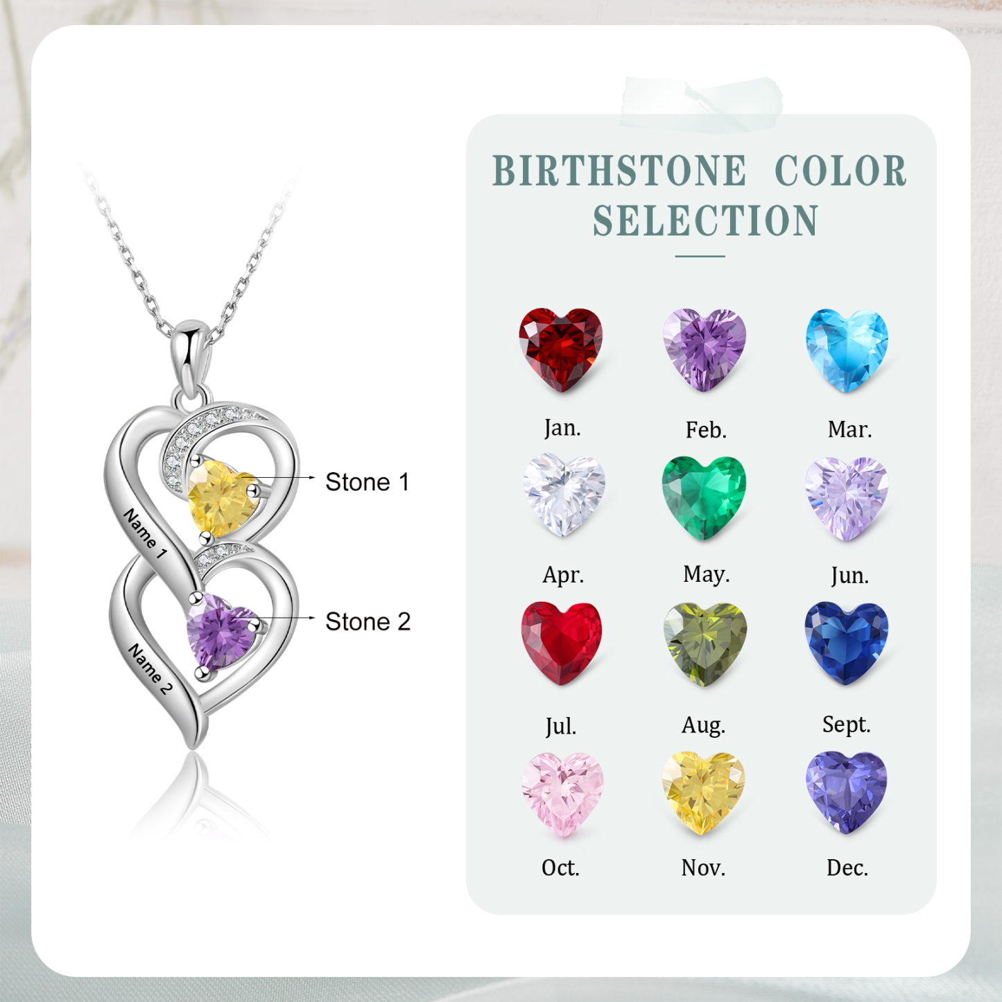 Collar de dos corazones con 2 nombres y piedras de nacimiento personalizados-Jessemade ES