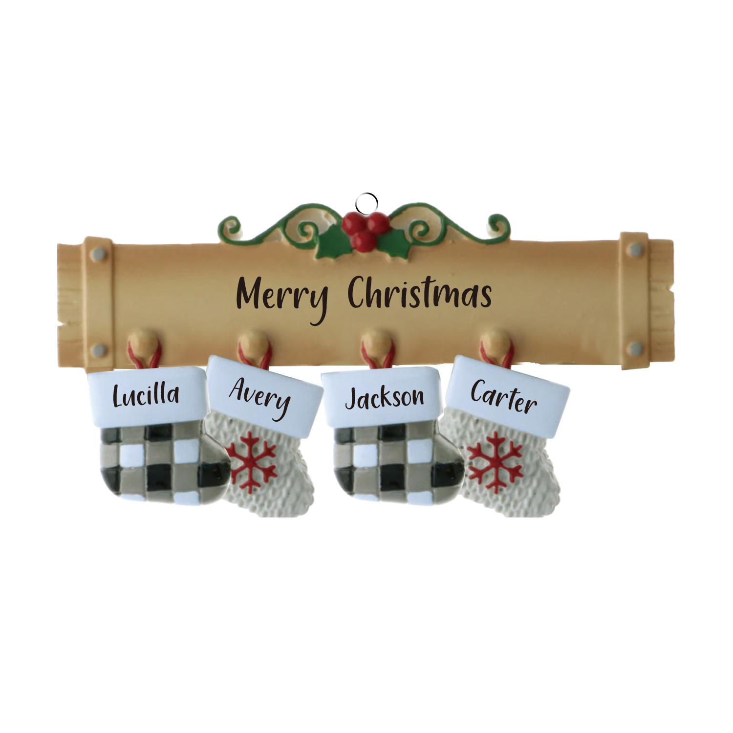Navidad-Ornamento muñecos navideño de madera calcetines 4 nombres y 1 texto personalizados adorno del árbol-Jessemade ES