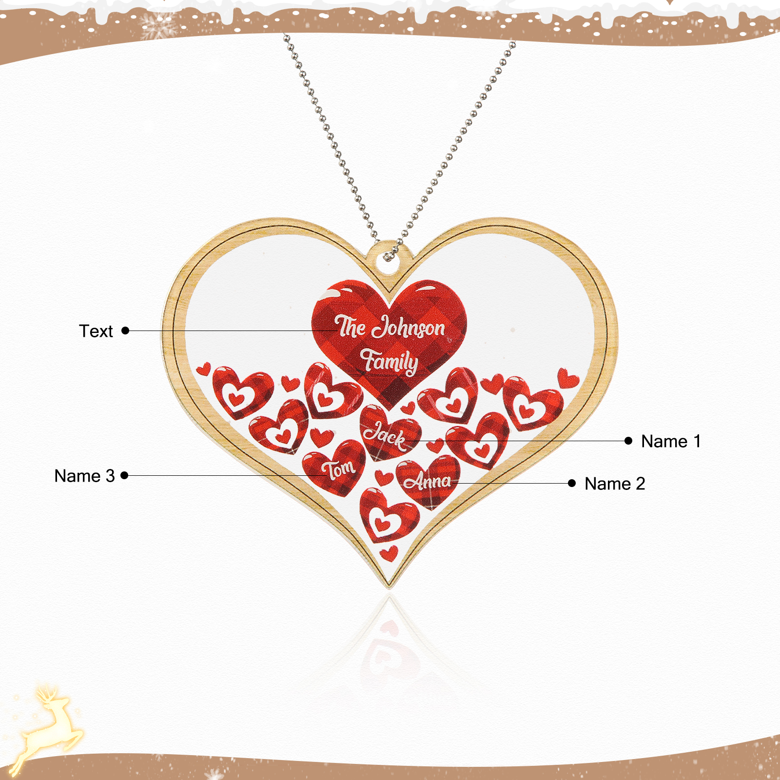 Navidad-Ornamento navideño de acrílico corazones con 3 nombres y 1 texto personalizados