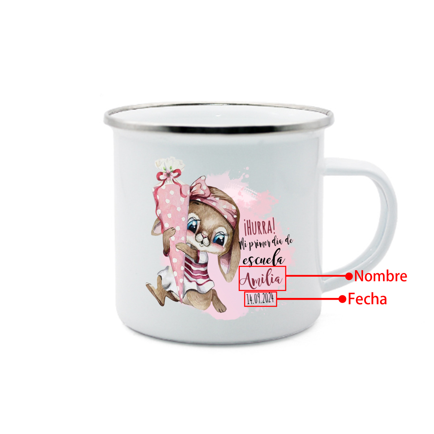 Vuelta al cole-Taza para niños "conejita" con 1 nombre y fecha personalizados