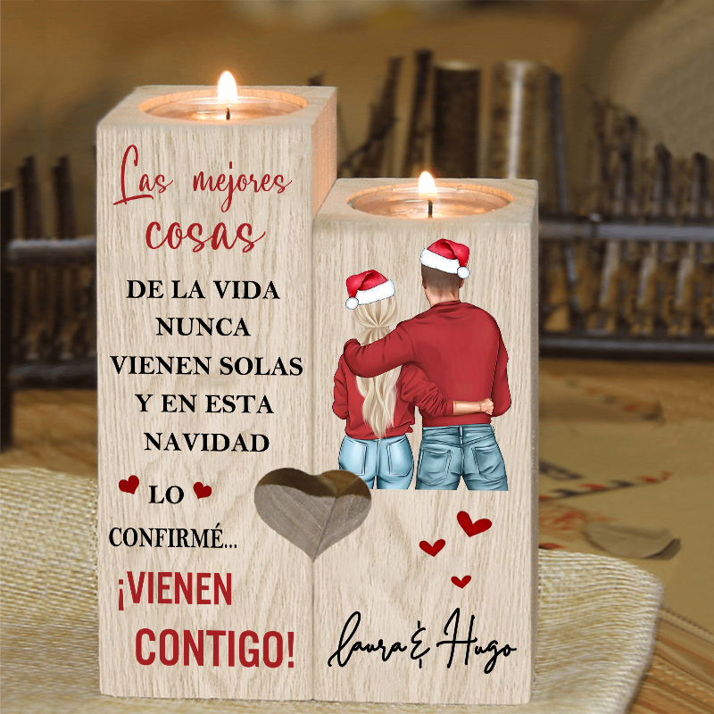 Regalo de Navidad-Candelero para pareja de madera de dos piezas sin candela con nombres personalizados-Jessemade ES
