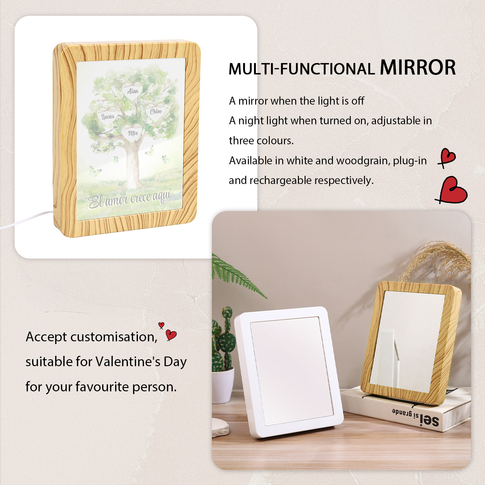 Marco/Espejo con LED Multifuncional Árbol de la Vida 2-8 Nombres Personalizados con 1 Texto-Jessemade ES