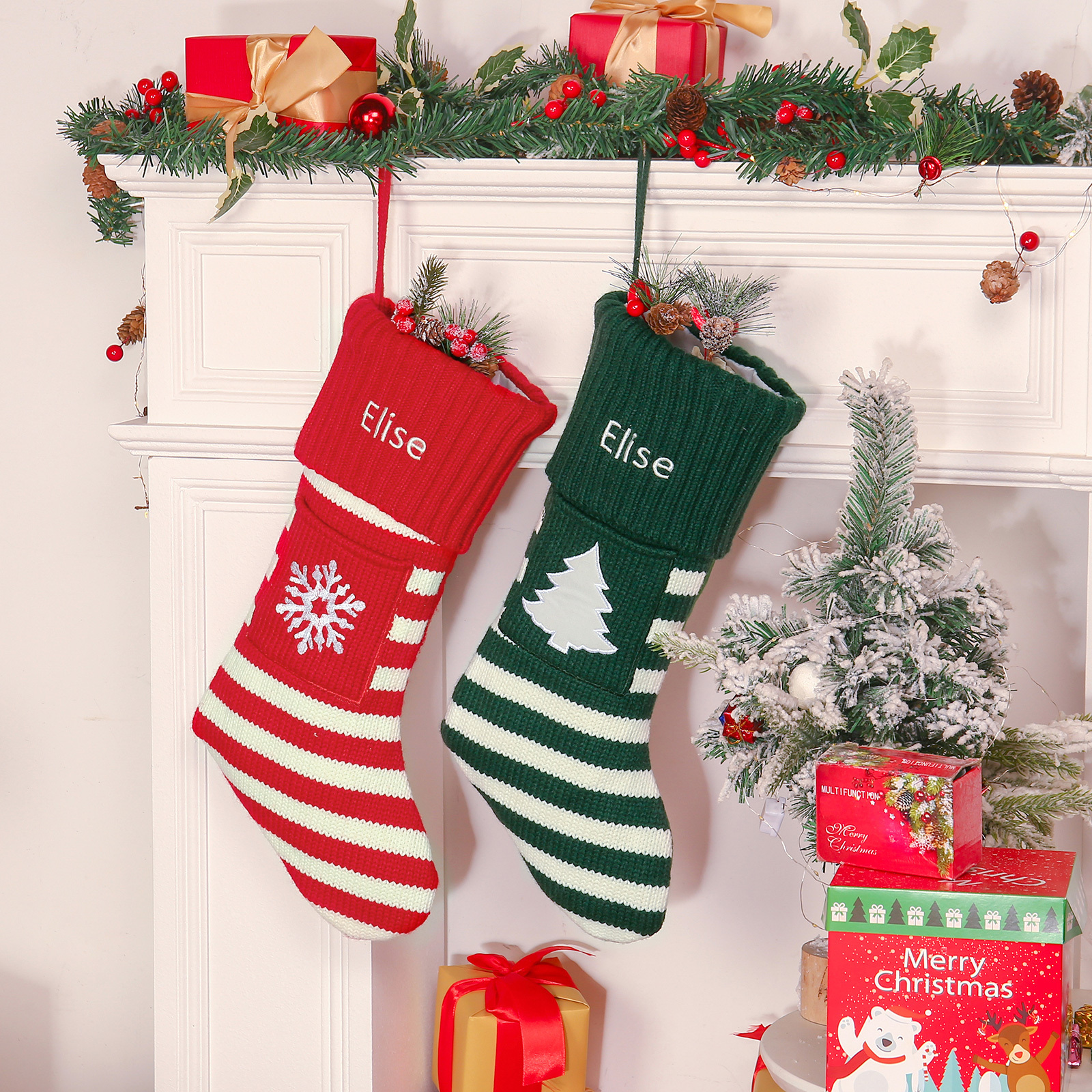 Adornos de medias navideñas con árbol o nieve Bolsa de regalo 1 Nombre personalizado-Jessemade ES