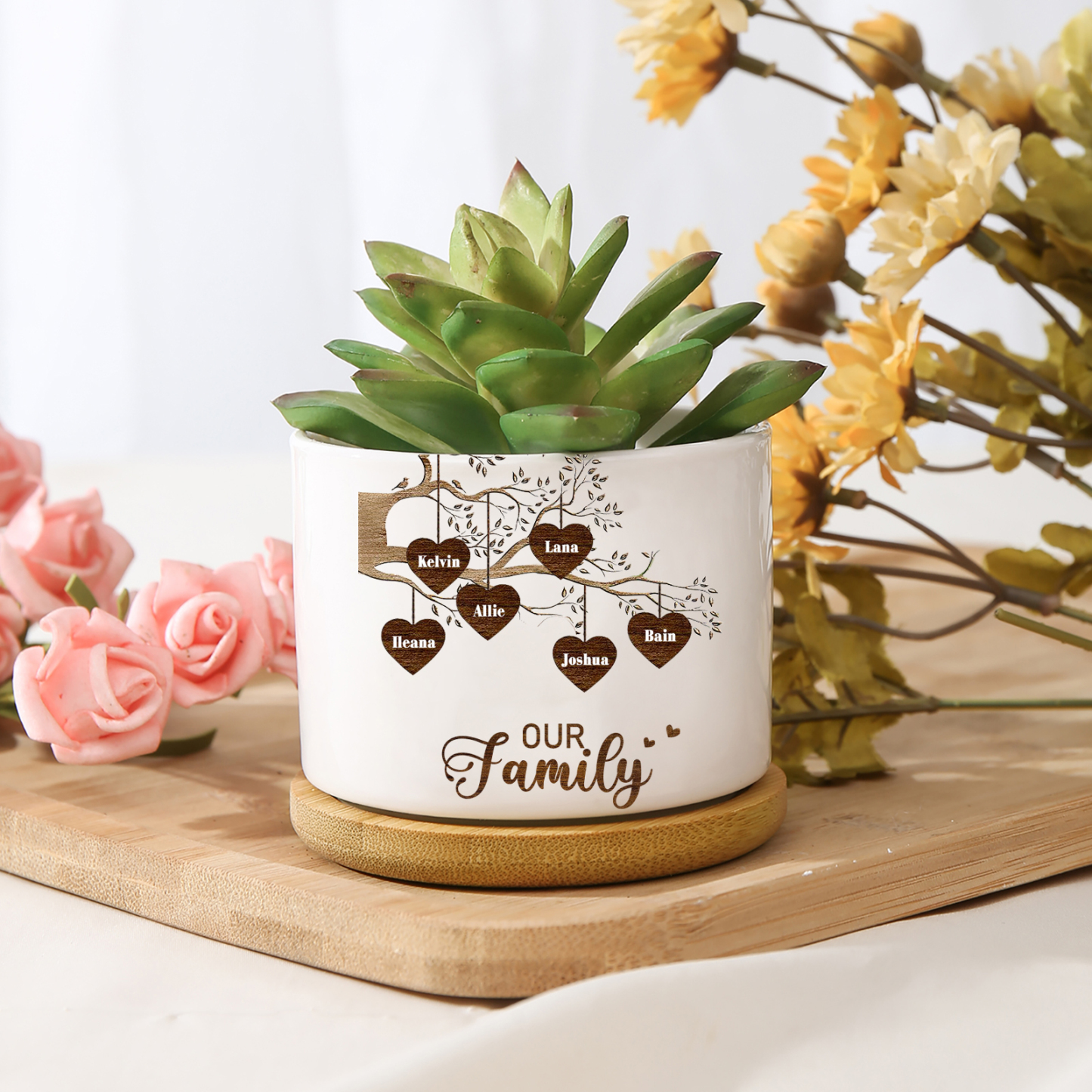 Florero con base de cerámica árbol de corazones 2-8 nombres personalizados con texto decoración del hogar-Jessemade ES