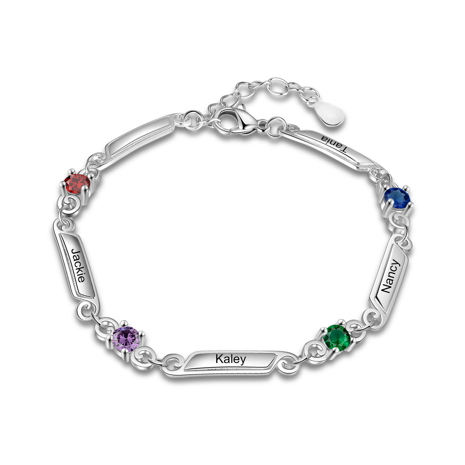 Pulsera de lazos y placitas personalizada de 4 nombres con 4 piedras de nacimiento-Jessemade ES