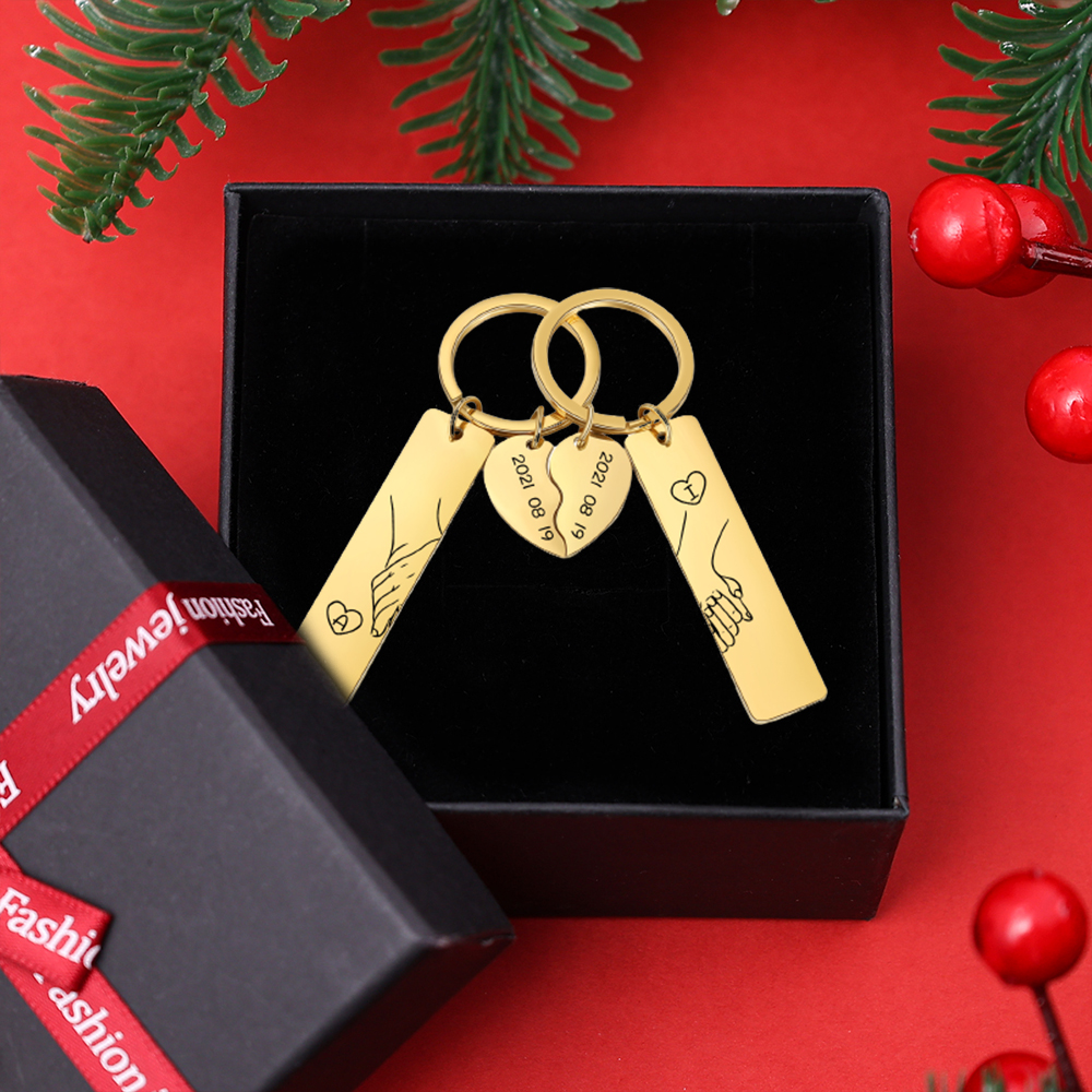 Con caja Navidad-Llavero para pareja mano a mano 2 letras personalizadas con fecha-Jessemade ES