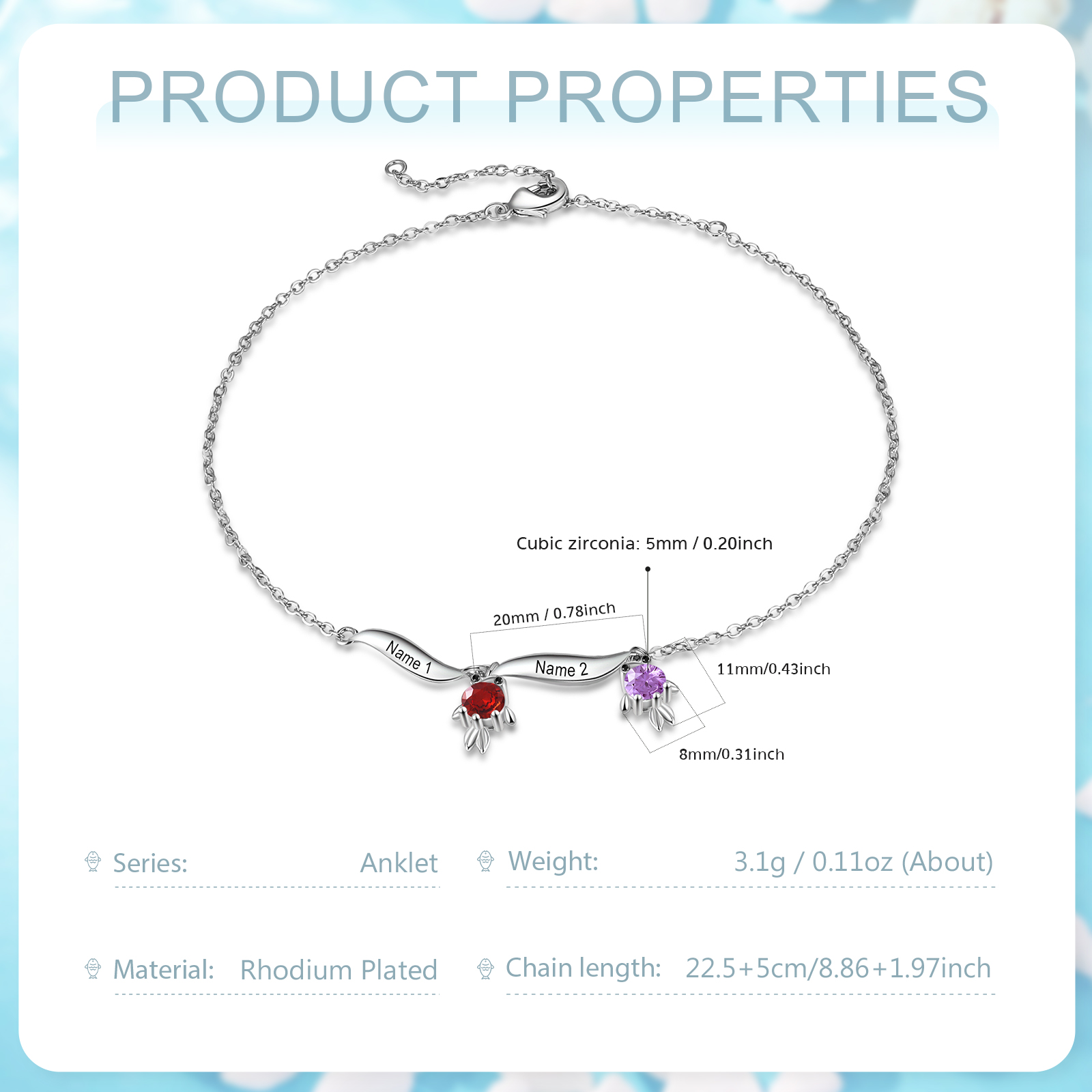 Pulsera de tobillo 1-6 nombres y piedras personalizados con dije de pececito-Jessemade ES