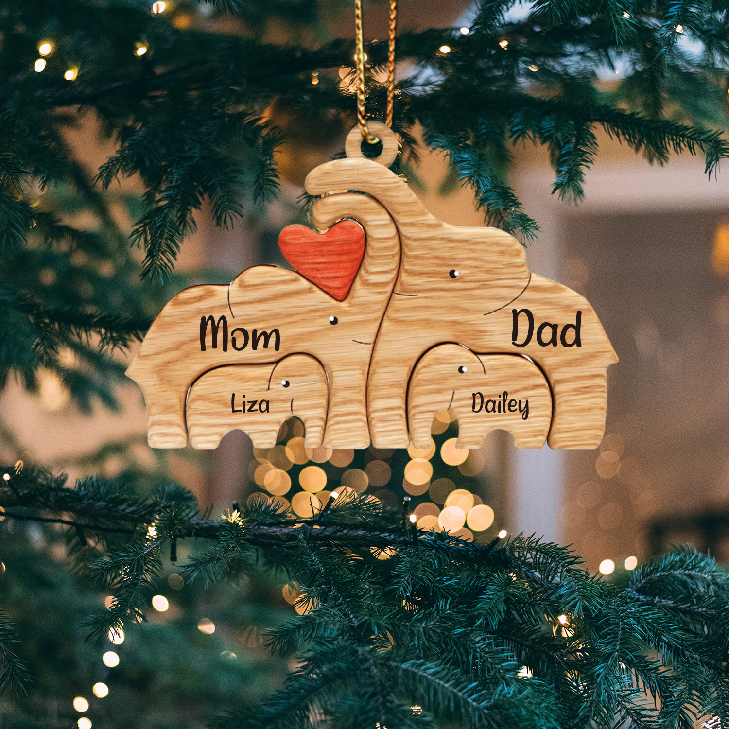 Navidad-Ornamento muñecos navideño de madera familia de elefantes 4 nombres personalizados adorno del árbol-Jessemade ES