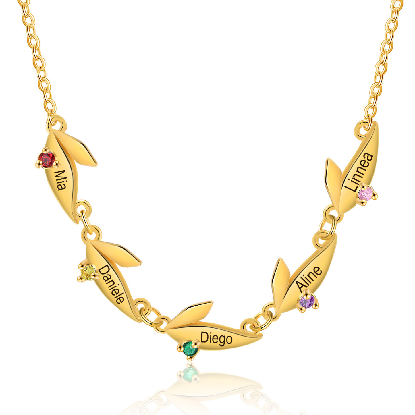 Collar con colgante de hojas con 2-6 nombres personalizados y 2-6 piedras de nacimiento-Jessemade ES