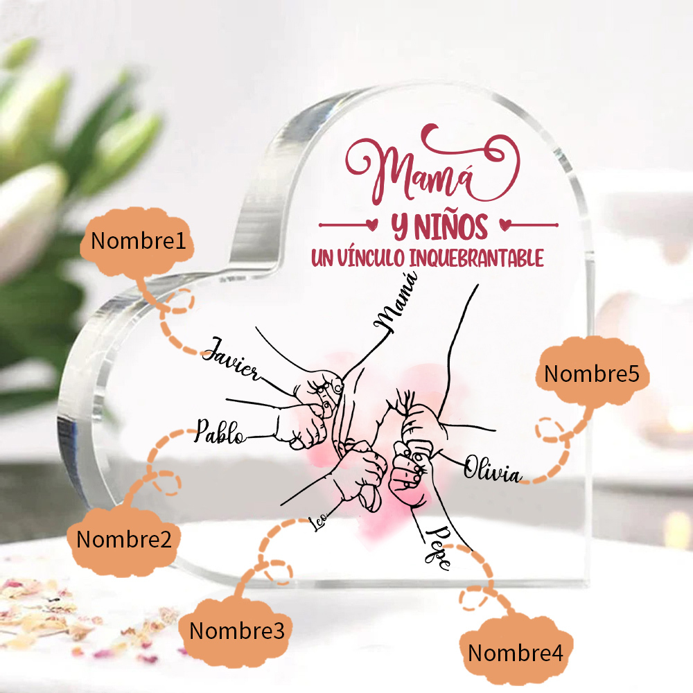A mi mamá-Placa de acrílico en forma de corazón mano y manitas 1-5 nombres personalizados-Jessemade ES