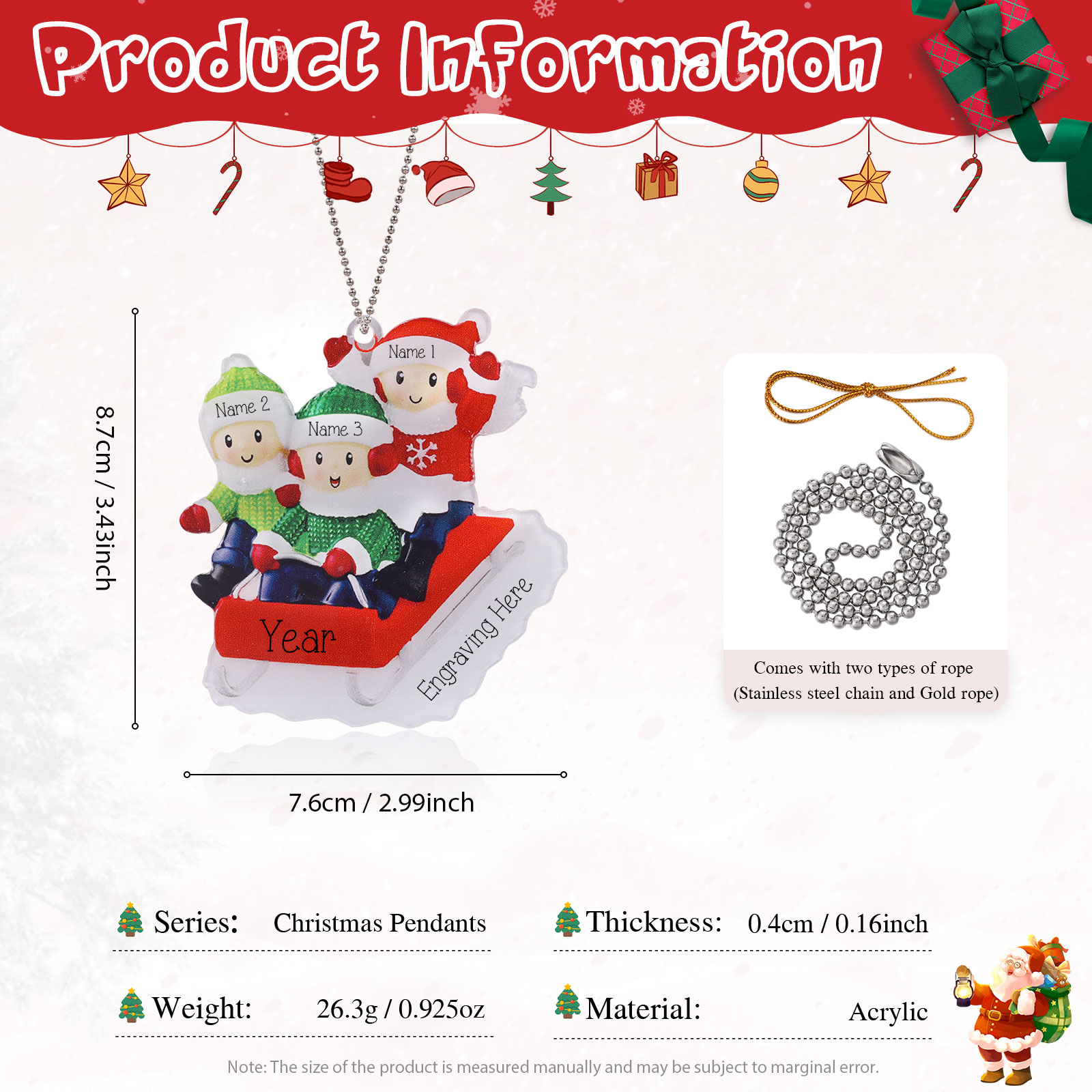 Navidad-Ornamentos Navideños de Acrílico Carro de Esquí 3 Nombres con Texto y Año Personalizados