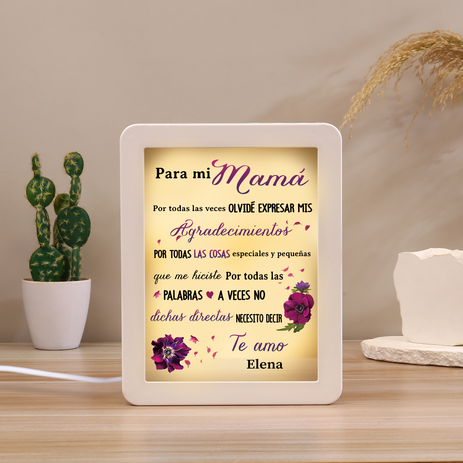 A mi mamá-Marco/Espejo con LED Multifuncional con Texto Amoroso 1 Nombre Personalizado-Jessemade ES