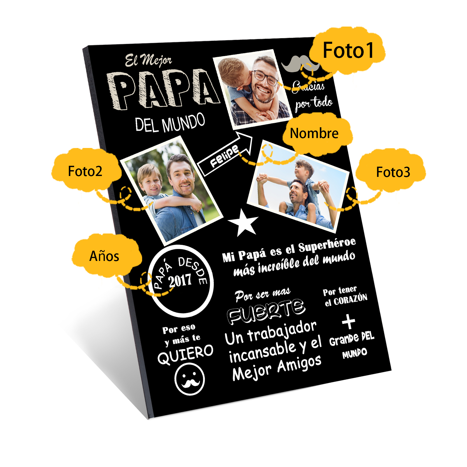 A mi papá - Lámina marco de madera 1 nombre y 1 año personalizados con 3 fotos-Jessemade ES