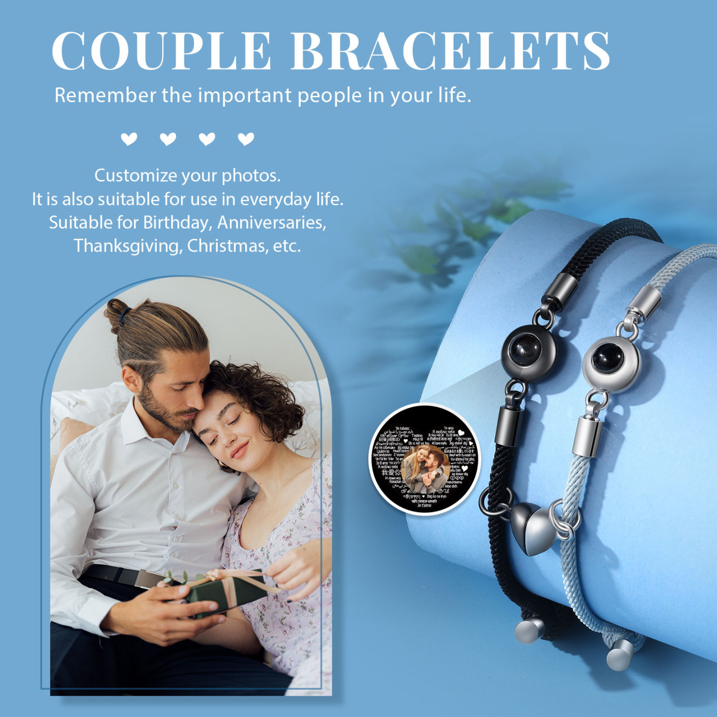 Pulsera para pareja con proyección de foto con dije de corazón magnético-Jessemade ES