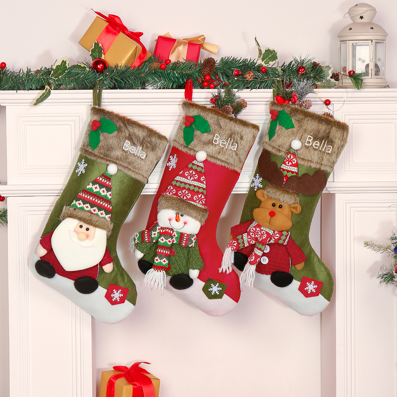 Adornos de medias navideñas con muñeco Bolsa de regalo 1 Nombre personalizado-Jessemade ES