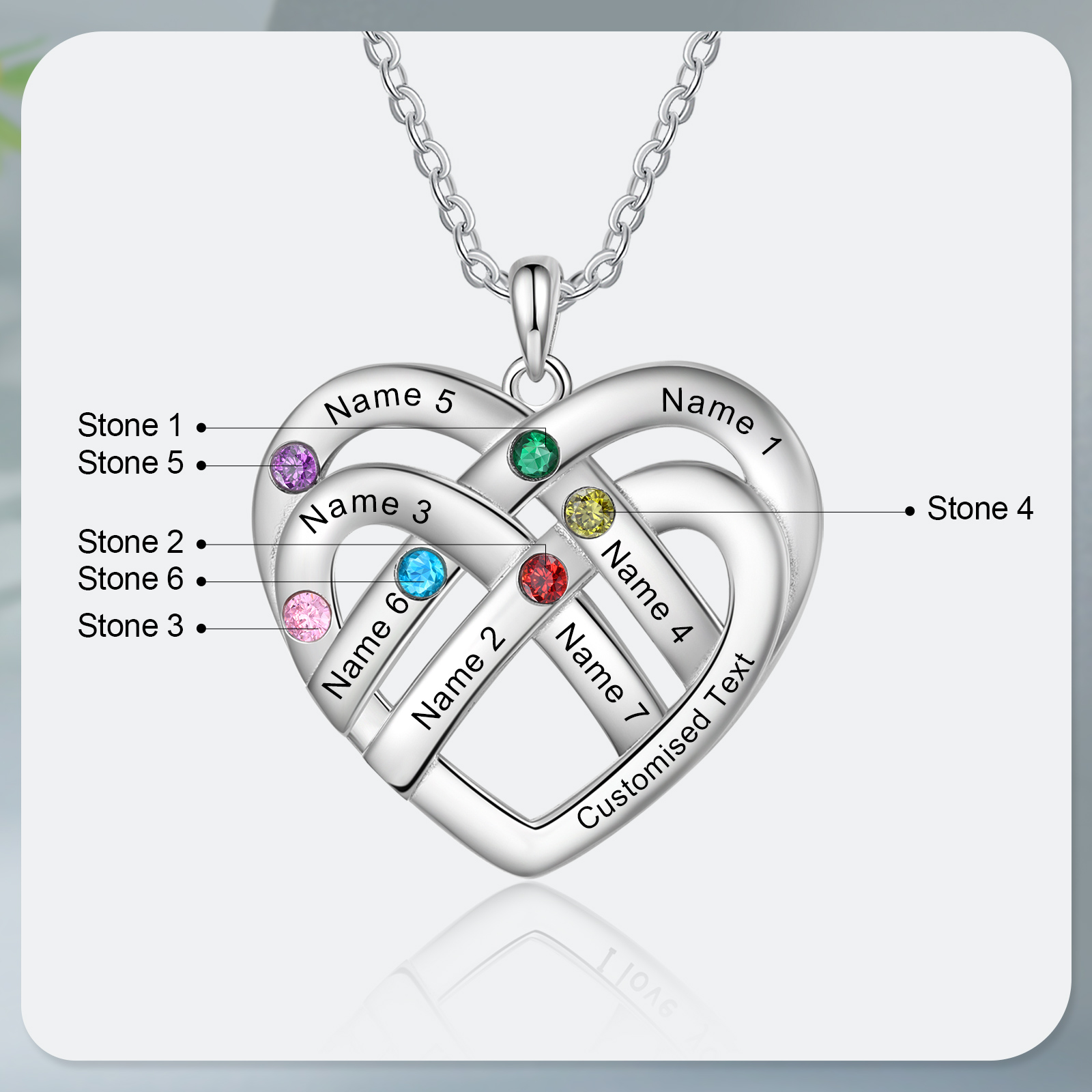 Collar de corazón con 7 nombres y piedras de nacimiento personalizados con texto-Jessemade ES