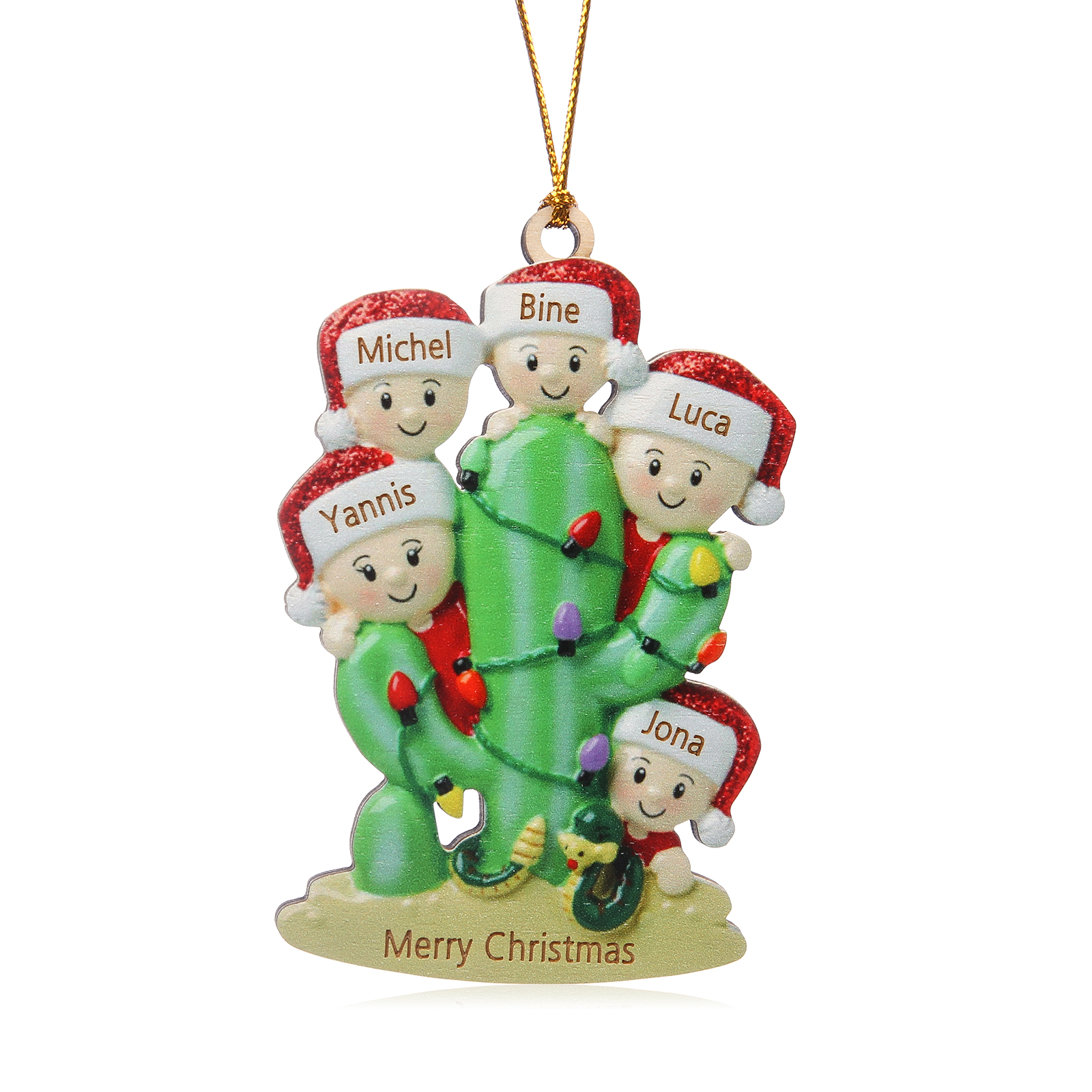 Navidad-Ornamento muñecos navideño de madera cactus 5 nombres y 1 texto personalizados adorno del árbol-Jessemade ES